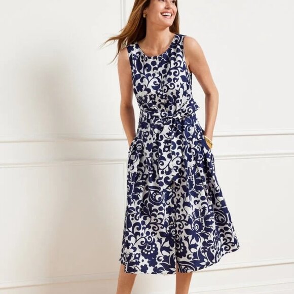 Talbots Poplin Fit & Flare Blue and White Tie Waist Dress - Jacobean 14P - Picture 2 of 16